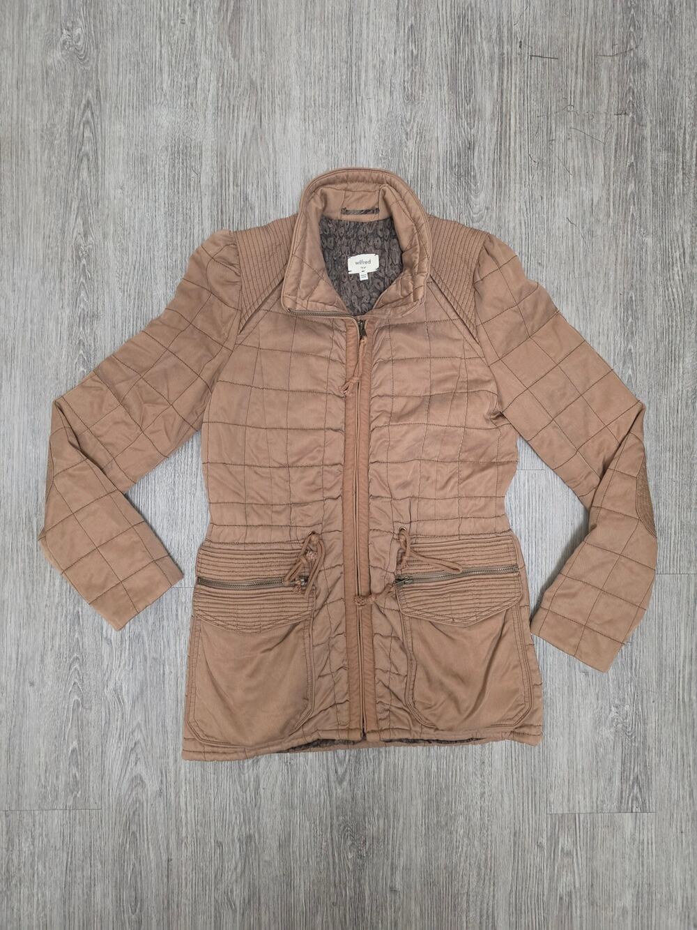 Aritzia Wilfred Marquis Quilted Utility Jacket Size 4 Tan Beige Elbow Patch Coat